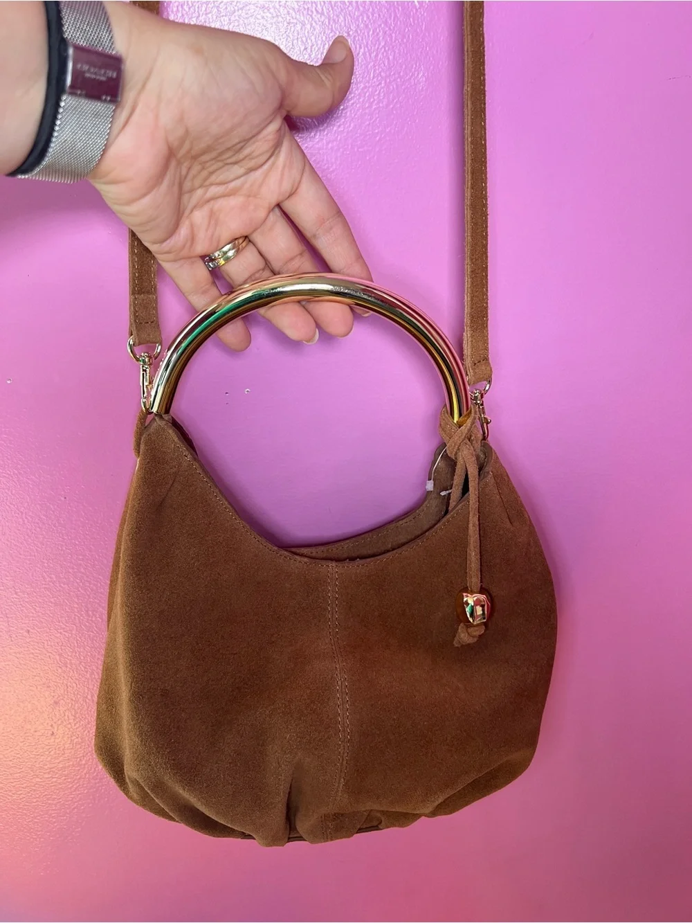 Haute Hippie Brown Suede Hobo with Gold Top Handle